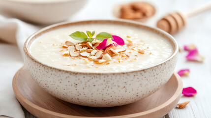 Delicious bowl of creamy oatmeal topped with almonds, honey, and rose petals, perfect for a nutritious breakfast or snack.