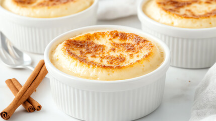 Delicious creamy dessert in white ramekins, lightly browned on top, garnished with cinnamon sticks, perfect for any occasion.
