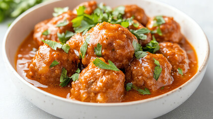 Fototapeta premium Delicious homemade meatballs served in rich tomato sauce with fresh herbs. Perfect for hearty meals and culinary inspiration.