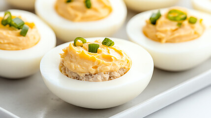 Obraz na płótnie Canvas Delicious, creamy deviled eggs garnished with fresh chives, perfect for appetizers and gatherings.