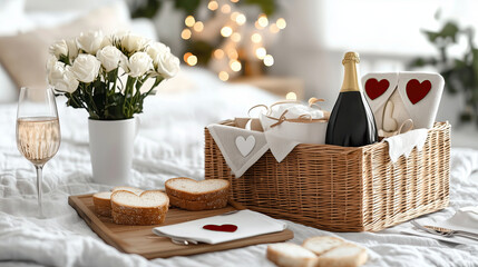 Romantic picnic setup featuring wicker basket filled with treats, champagne, and heart themed decorations, perfect for special occasion