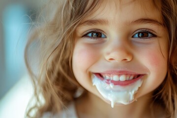 close-up portrait of smiling girl with yogurt lips, homey breakfast scene