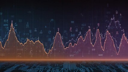 Fluctuating graph over digital grid on blue background with data symbols - Powered by Adobe