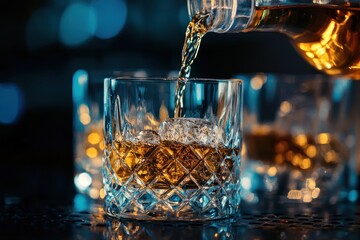 close-up of whiskey being poured into glass tumblers, ambient blue lighting, relaxing evening mood