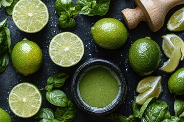 Fresh Limes and Basil Ingredients for Cooking on Dark Surface