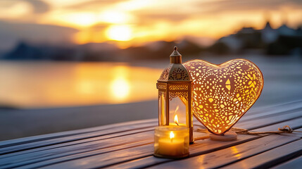 Romantic scene featuring heart shaped lantern and candle on wooden table, illuminated by beautiful sunset