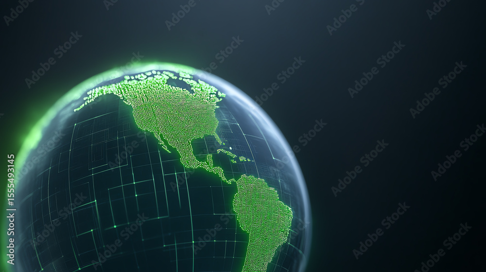 Poster digital world: a captivating image of the earth, rendered digitally with a green glow, representing 