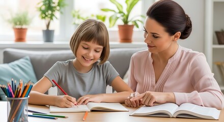 Happy child girl drawing with mom