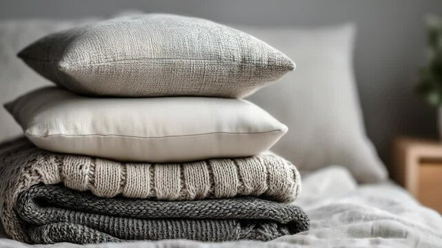 Cozy home decor ideas featuring stacked blankets and pillows for a warm atmosphere