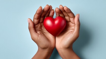 Obraz premium Red Heart Held in Open Hands, Symbol of Love, Care and Support on a Light Blue Background