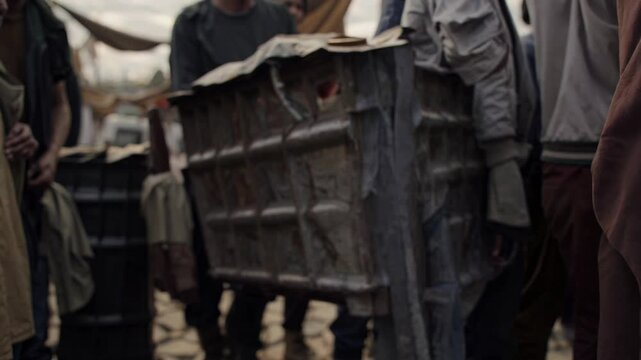 Desperate refugees transporting meager possessions, women and children moving through crowded temporary shelter, portraying human resilience amid humanitarian crisis