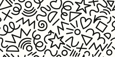 Trendy Memphis geometric seamless pattern. Cool abstract background in retro 80s, 90s style. Cute kid doodle design. Modern basic shapes set: star, arrow, triangle, circle, heart, zigzag, spiral, wavy