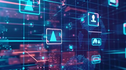 Digital interface showcasing glowing icons and data visualization, highlighting technology and connectivity vibrant network of interconnected symbols. - Powered by Adobe