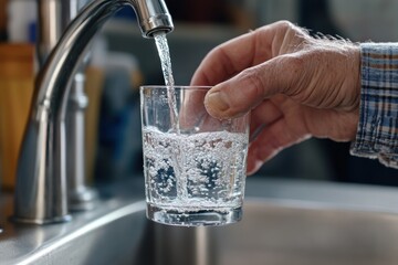 close-up of elderly man's hand pouring water into glass at modern kitchen sink