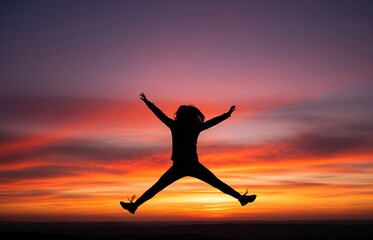 Fototapeta premium Dramatic silhouette of a young person jumping high during sunset, expressing freedom and unity on International Youth Day.