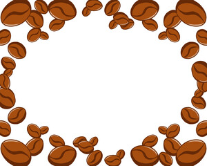 Roasted brown aromatic coffee beans. Frame of beans on an isolated background. Suitable for decorating coffee shops, restaurants, menus, postcards. Illustration of coffee beans background