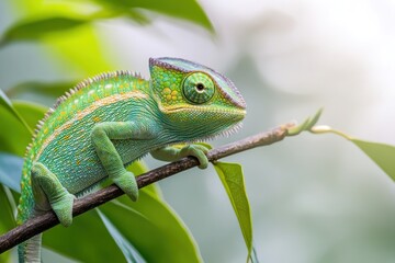 Close-up of cute chameleon, sitting quietly on a thin branch, soft focus background