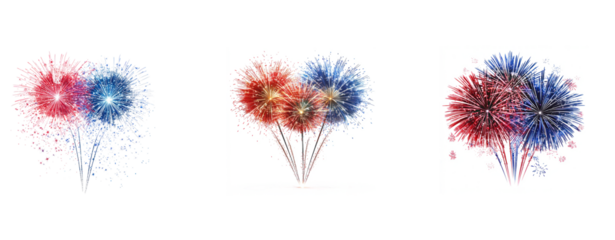 Three colorful fireworks against a white background.
