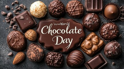 Variety of fancy chocolates (with nuts, different textures) on dark background, surrounding chocolate plaque with “World Chocolate Day”, showcasing chocolate diversity and festival atmosphere