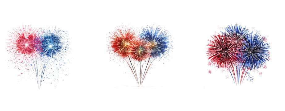 Three colorful fireworks against a white background.