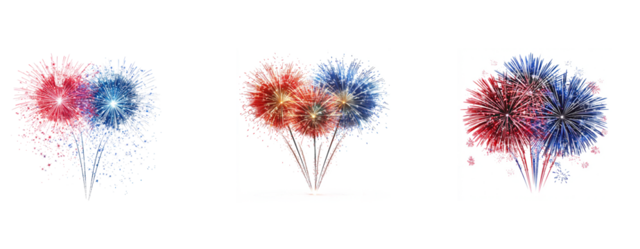 Three colorful fireworks against a white background.
