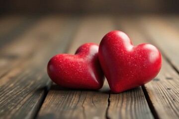 Obraz premium Two Red Hearts Resting on Rustic Wooden Surface, a Symbol of Love and Affection