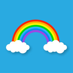 Cartoon Rainbow with Clouds on Blue Sky