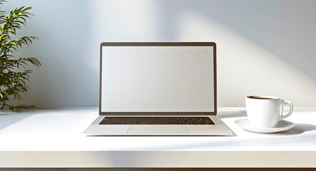 Fototapeta premium A modern laptop computer sits open on a clean white desk next to a steaming cup of coffee and a lush green plant bathed in soft natural light