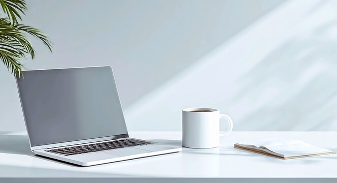 A modern laptop a steaming mug of coffee and an open notebook rest on a clean white desk bathed in soft natural light with dappled shadows from a nearby plant