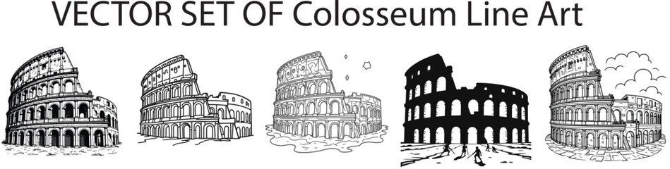 Naklejka premium Colosseum Line Art – Minimalist Single Line, Geometric, Steampunk, Surreal, Floral, Stipple Dotted, Cyberpunk, Cubist, Negative Space, Celestial – Ancient Rome Architecture Sketch, White Background 