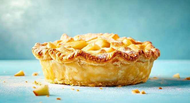 A delicious golden brown apple pie with a lattice crust and powdered sugar dusting sits on a light blue surface with scattered apple pieces and a soft blue background