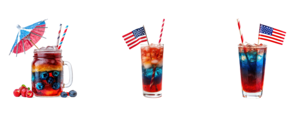 Three glasses of red, white, and blue drinks with American flags and straws, garnished with strawberries and blueberries.