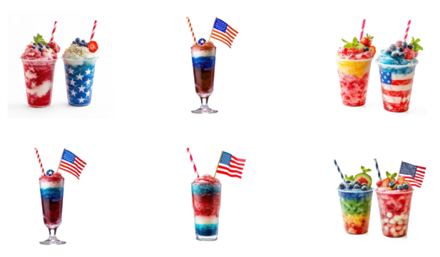 A collection of colorful, patriotic-themed ice cream floats with American flags and strawberries on top.