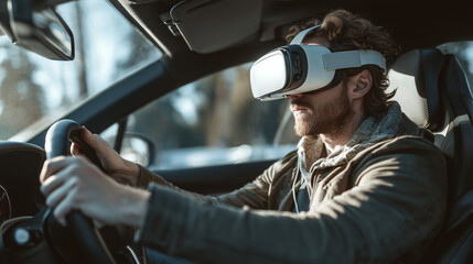 Obraz premium A man driving a car while wearing a VR headset, futuristic concept of virtual reality technology, innovation, danger, and immersive digital experience in modern transportation.