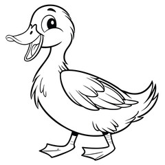 Cartoon drawing of a cute duck in black and white outline