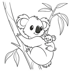 Koala with baby on tree branch outline illustration art