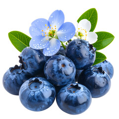 Fresh blueberries with blue and white flowers, illustrating the beauty of nature's gifts. The scene is simple, focusing on the vivid color and freshness, isolated on transparent background
