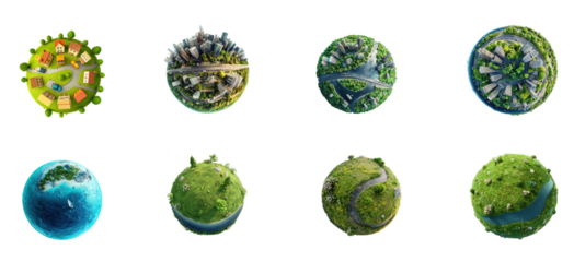 A green and blue planet with a road and buildings, surrounded by a green and blue planet with a road and buildings, and a green and blue planet with a road and buildings.