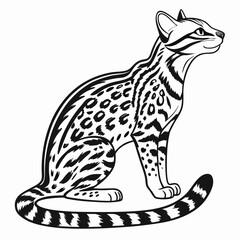 A detailed black and white drawing of a spotted cat sitting