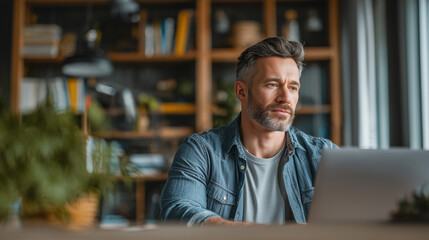 A man sitting at a desk having a Zoom meeting at home, focused on laptop screen, modern remote work lifestyle, online communication and productivity concept.