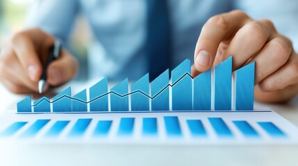 Hands operating 3D data chart, blue bar graphs and rising lines, representing data, growth, business, tech for data, business, tech themes
