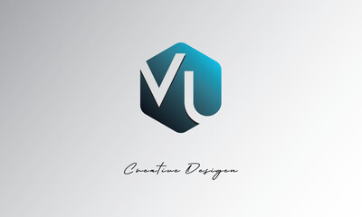 VU Creative Polygon Logo – Modern Negative Space Lettermark with Geometric Hexagon Shape for Futuristic Branding, Corporate Identity & Tech Design

