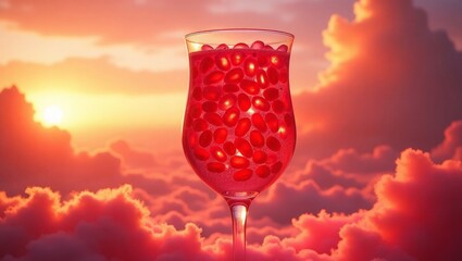 Pomegranate Seeds in Glass Against Sunset Cloudscape