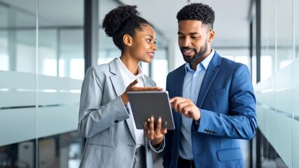 Dynamic Duo: African American Professionals Collaborating on a Tablet Device - Powered by Adobe