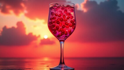 Pomegranate Seeds in Wine Glass Sunset Background image