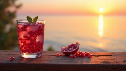 Pomegranate Sunset Drink Glass Ice Cubes Ocean View