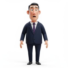 Fototapeta premium Cartoon businessman in a suit with a surprised expression on a white background