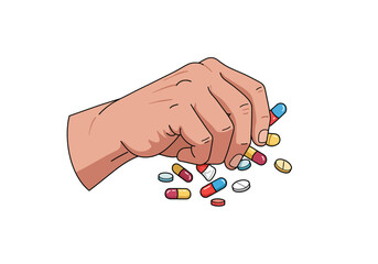 A hand with pills spilling out from between fingers on a white backdrop