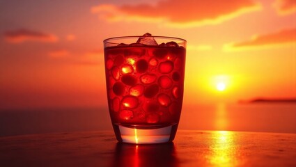 Red Drink Glass Sunset Ocean View Ice Cubes image