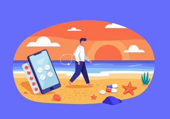 Beach scene with a man phone with pills on its screen a tablet and pills on sand with ocean sunset clouds starfish shell and rock